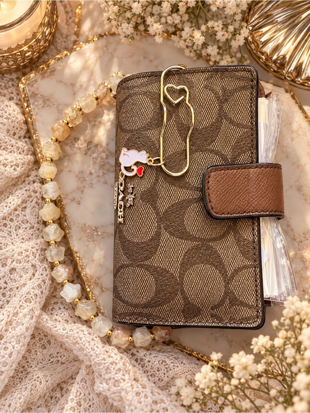 Coach Brown Signature Canvas Card Holder with Gold Heart Clip
